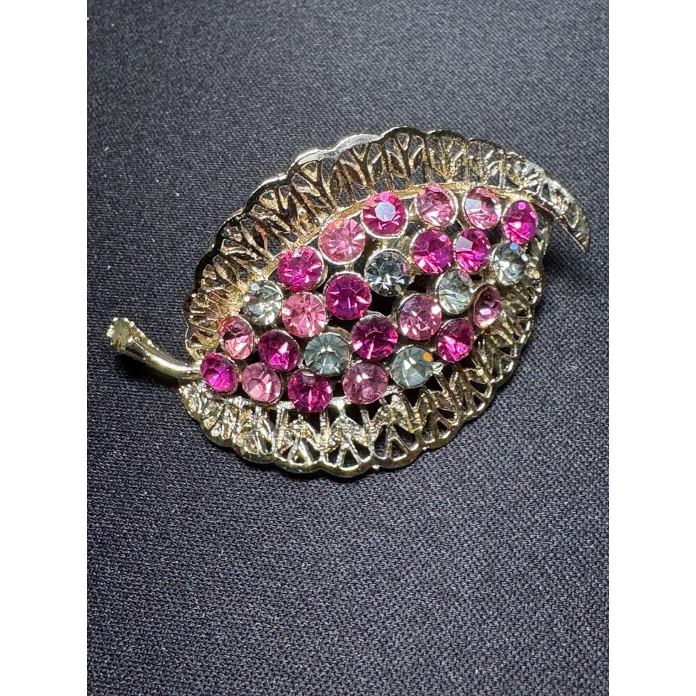 1950's Pink Shades Rhinestones Prong Set Leaf Brooch
